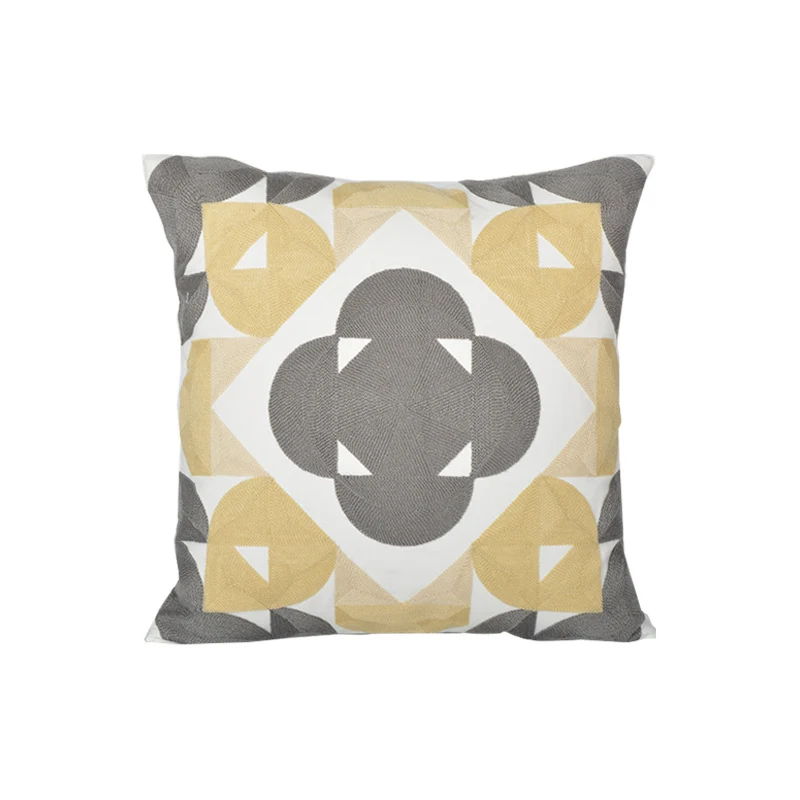 Geometric Embroidered Textured Square Accent Pillow with Layered Appliqué and Concealed Zip