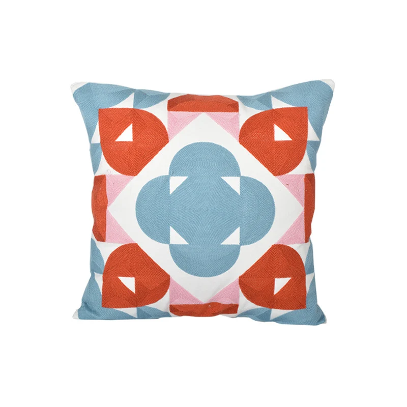 Geometric Embroidered Textured Square Accent Pillow with Layered Appliqué and Concealed Zip