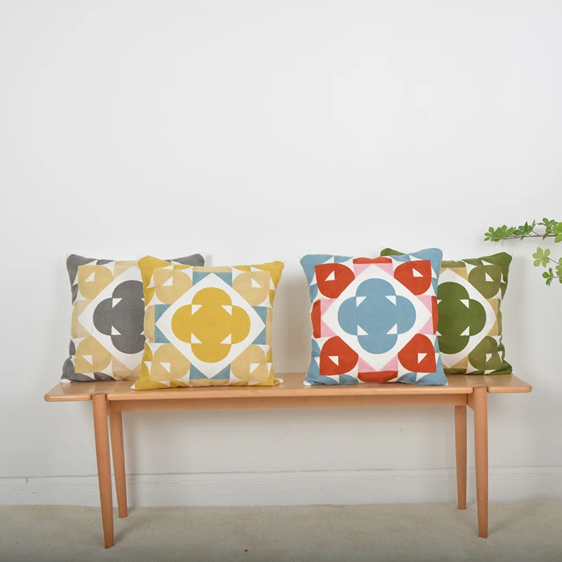 Geometric Embroidered Textured Square Accent Pillow with Layered Appliqué and Concealed Zip