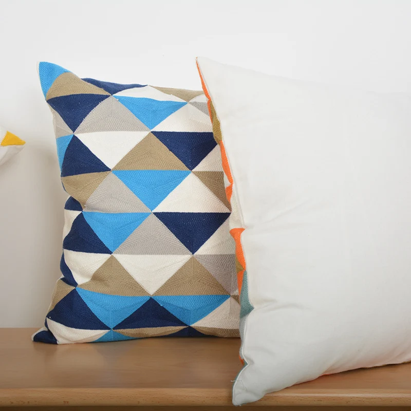 Geometric Embroidered Textured Square Accent Pillow with Layered Appliqué and Concealed Zip