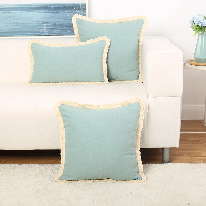 Fringed Linen-Texture Throw Pillow Covers with Hidden Zipper and Brush Fringe