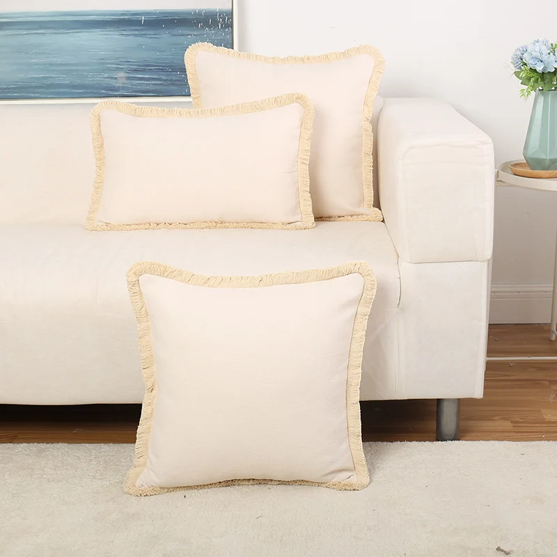 Fringed Linen-Texture Throw Pillow Covers with Hidden Zipper and Brush Fringe
