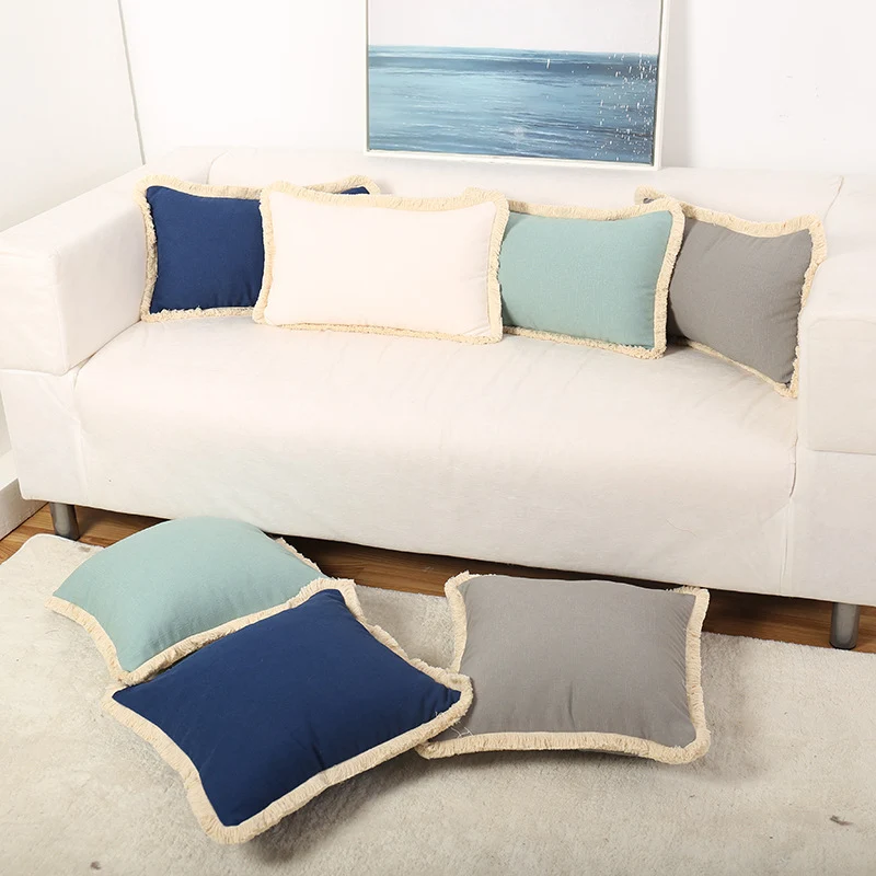 Fringed Linen-Texture Throw Pillow Covers with Hidden Zipper and Brush Fringe