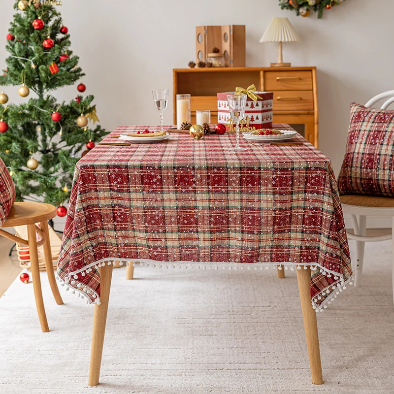 Festive Plaid Pom-Pom Trim Rectangular Tablecloth
