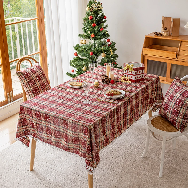 Festive Plaid Cotton-Linen Dining Tablecloth with Pom-Pom Trim