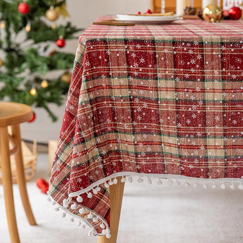 Festive Plaid Cotton-Linen Dining Tablecloth with Pom-Pom Trim