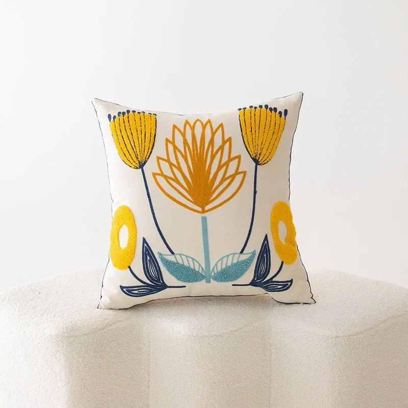Embroidered Floral Cotton-Linen Square Throw Pillow Cover with Hidden Zipper and Textured Appliqué