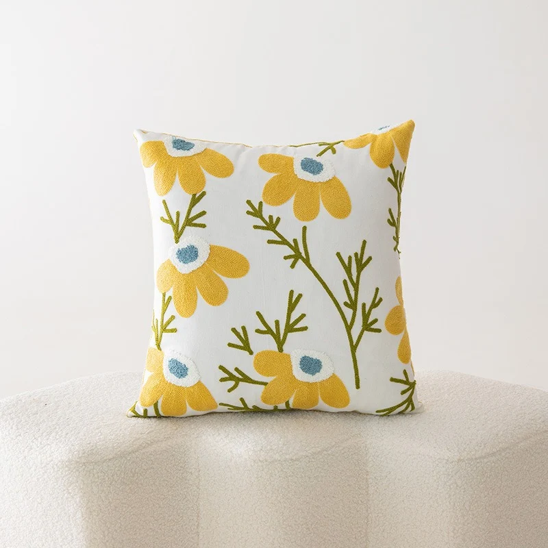 Embroidered Floral Cotton-Linen Square Throw Pillow Cover with Hidden Zipper and Textured Appliqué