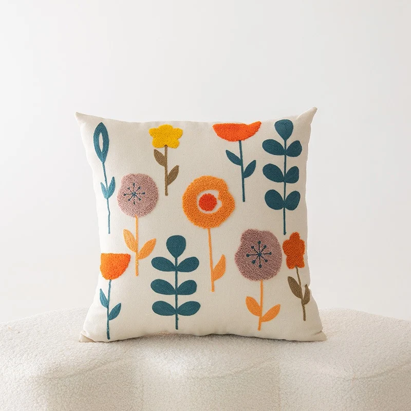 Embroidered Floral Cotton-Linen Square Throw Pillow Cover with Hidden Zipper and Textured Appliqué