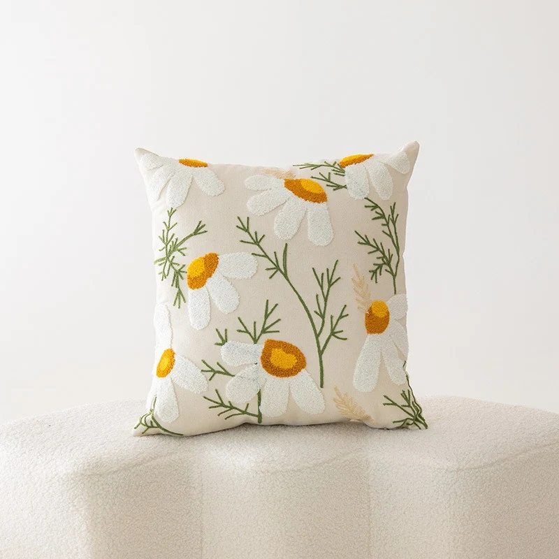 Embroidered Floral Cotton-Linen Square Throw Pillow Cover with Hidden Zipper and Textured Appliqué