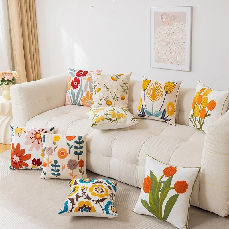 Embroidered Floral Cotton-Linen Square Throw Pillow Cover with Hidden Zipper and Textured Appliqué