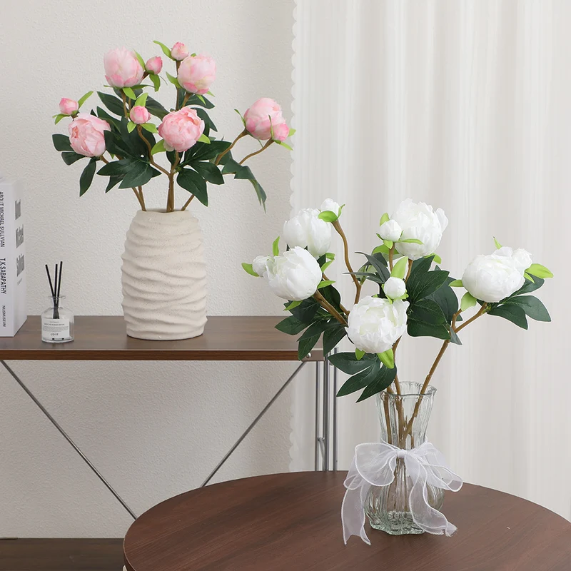 Artificial peony stem with lifelike flowers and leaves