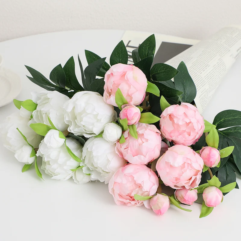 Artificial peony stem with lifelike flowers and leaves
