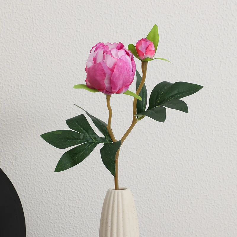 Artificial peony stem with lifelike flowers and leaves