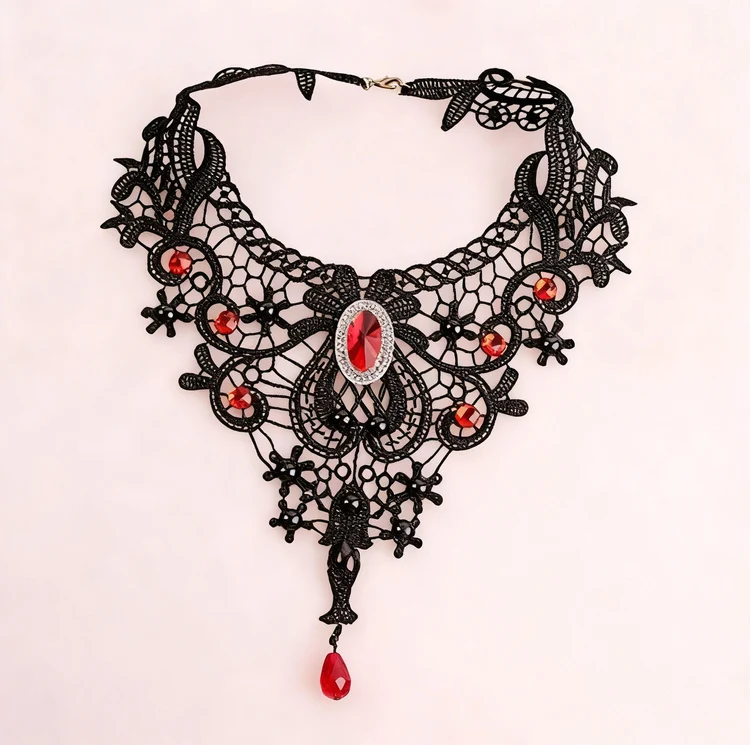 Fabric choker necklace, black, red or white