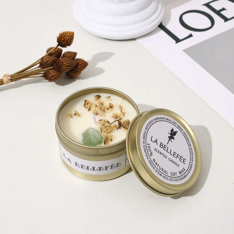 Hand-Poured Soy Tin Candle with Embedded Crystal and Dried Flower Accents