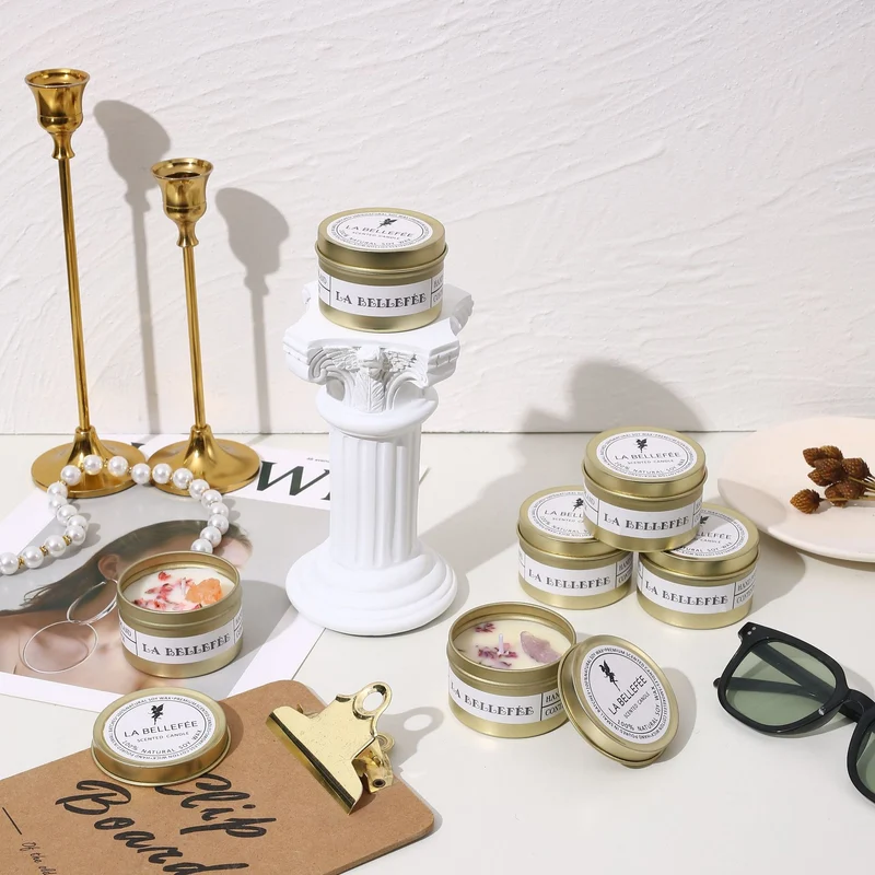 Hand-Poured Soy Tin Candle with Embedded Crystal and Dried Flower Accents