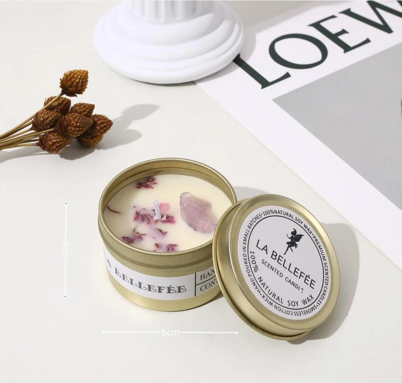 Hand-Poured Soy Tin Candle with Embedded Crystal and Dried Flower Accents
