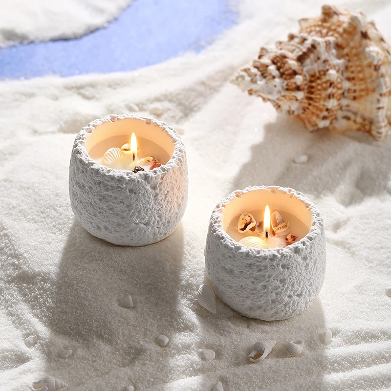 Hand-Poured Seashell-Embedded Textured Ceramic Tealight Candle