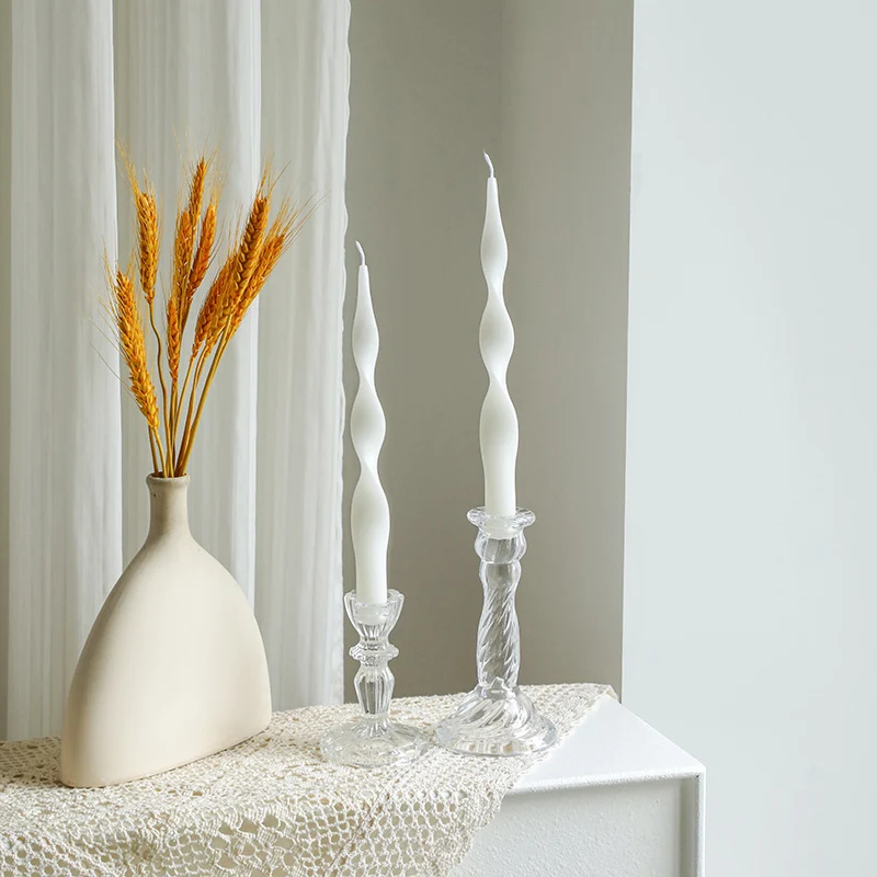 Hand-Poured Sculptural Wave Taper Candle Set with Crystal Glass Holders