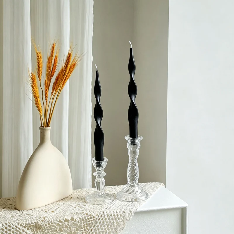 Hand-Poured Sculptural Wave Taper Candle Set with Crystal Glass Holders