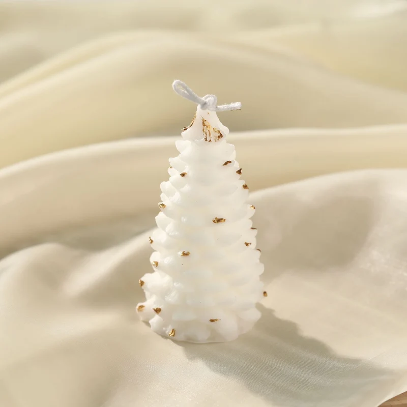 Hand-Poured Sculptural Pine Tree Decorative Soy Candle with Gold Leaf Accents and Cotton Wick