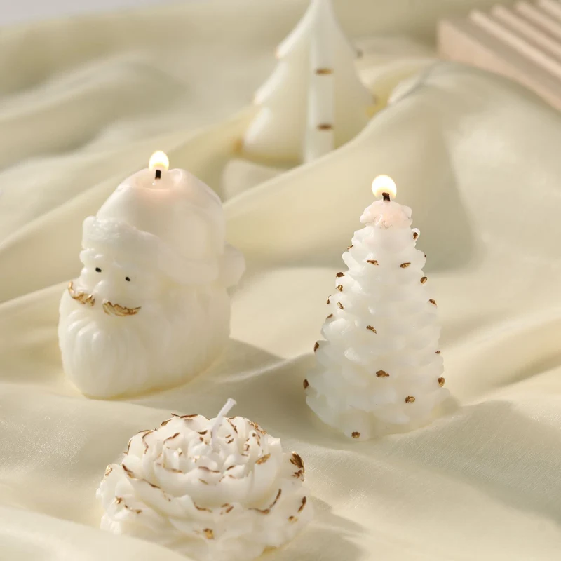 Hand-Poured Sculptural Pine Tree Decorative Soy Candle with Gold Leaf Accents and Cotton Wick