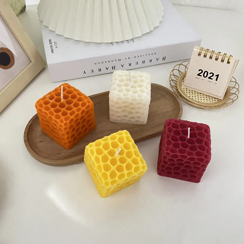 Hand-Poured Honeycomb-Textured Cube Tabletop Candle
