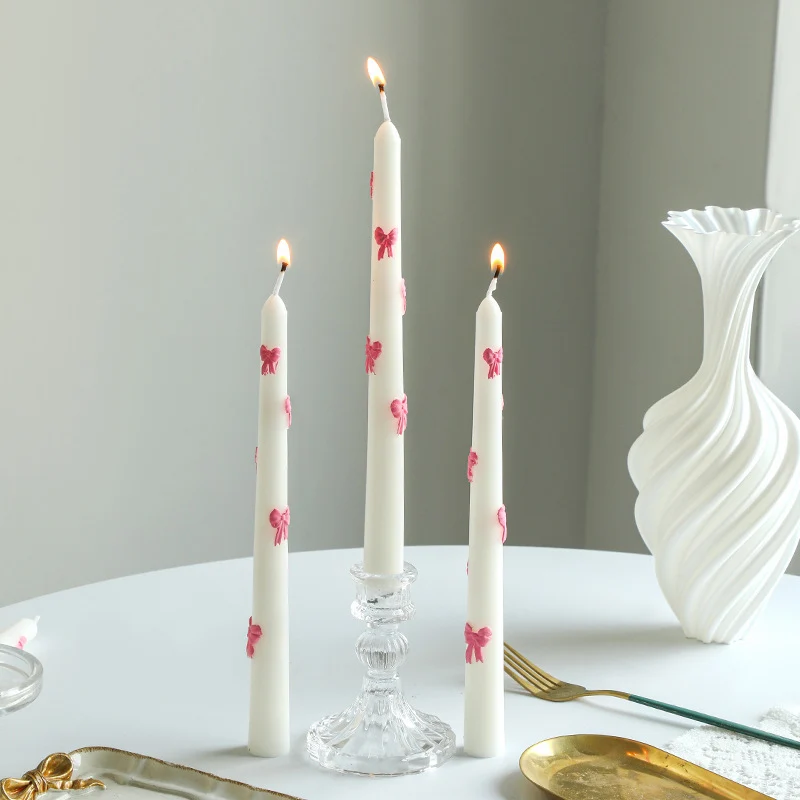 Hand-Poured Embossed Bow-Accent Sculptural Taper Candle