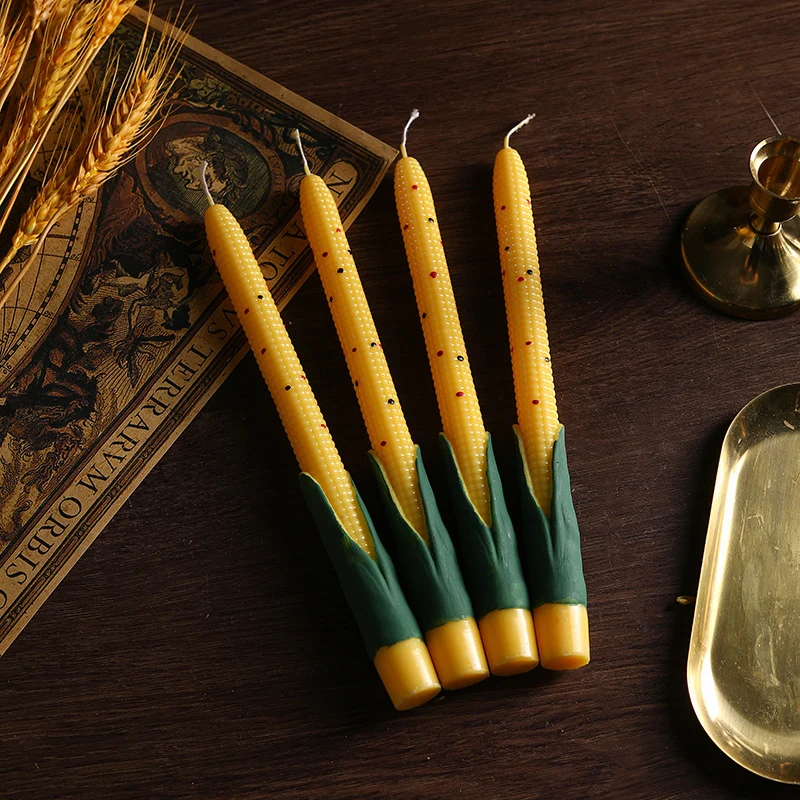 Hand-Poured Corn-Shaped Textured Taper Candle Set with Leaf Husk Base