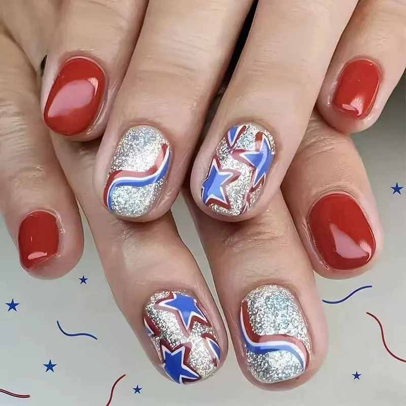 Festive Glittery Star and Stripe Nail Art Stornfield