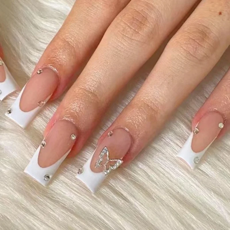 Elegant Glitter-Embellished French Tip Acrylic Nails Stornfield