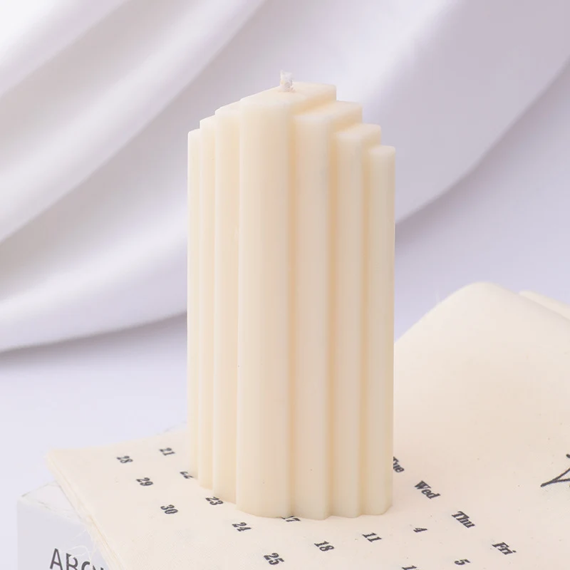 Ribbed Rectangular Pillar Candle with Vertical Fluted Texture
