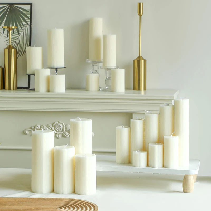 Ribbed Pillar Candle Collection with Graduated Heights and Drip-Resistant Finish