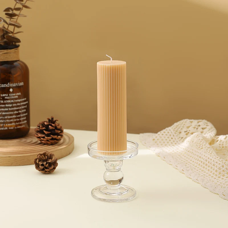 Ribbed Decorative Pillar Candle with Crystal Glass Pedestal Holder