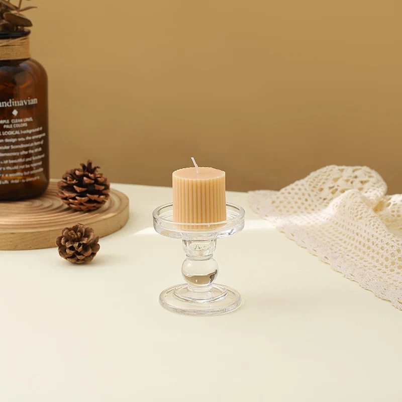 Ribbed Decorative Pillar Candle with Crystal Glass Pedestal Holder