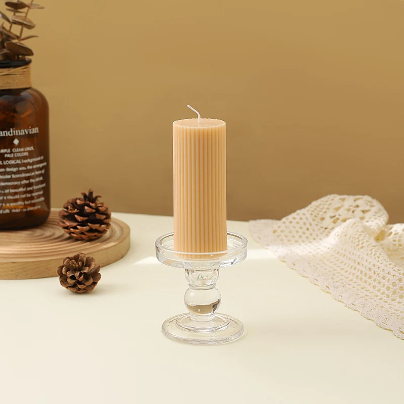 Ribbed Decorative Pillar Candle with Crystal Glass Pedestal Holder