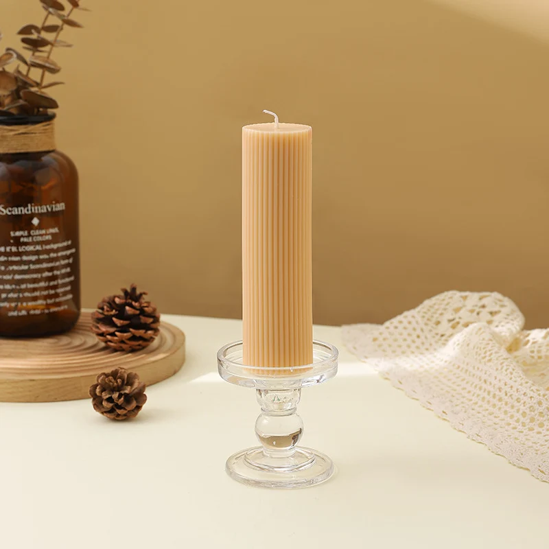 Ribbed Decorative Pillar Candle with Crystal Glass Pedestal Holder