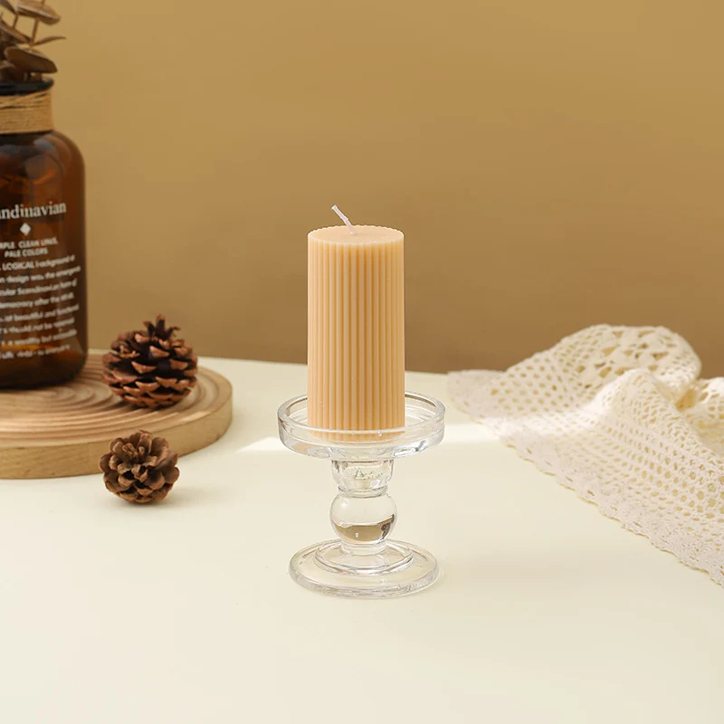 Ribbed Decorative Pillar Candle with Crystal Glass Pedestal Holder