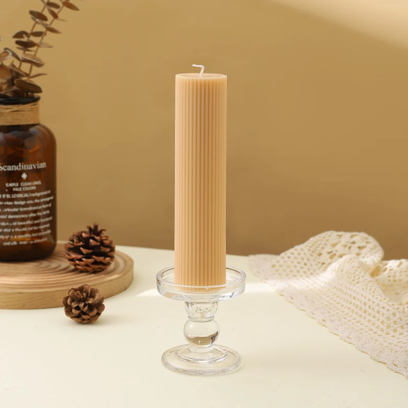 Ribbed Decorative Pillar Candle with Crystal Glass Pedestal Holder