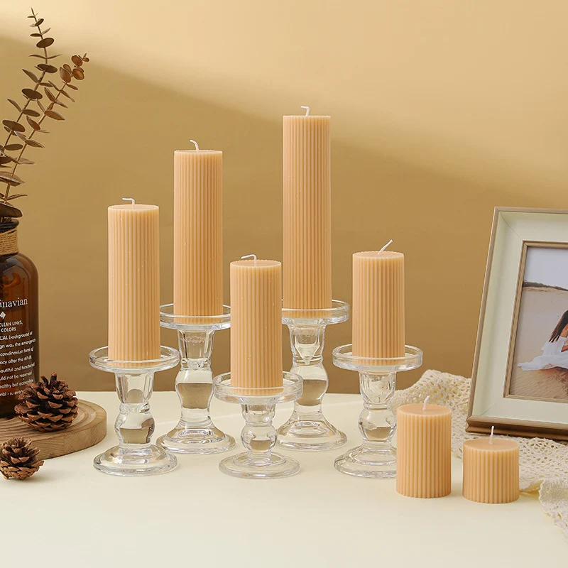Ribbed Decorative Pillar Candle with Crystal Glass Pedestal Holder