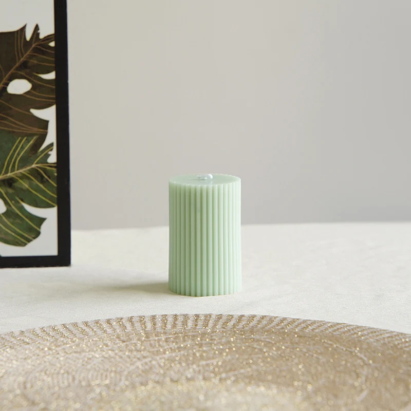 Ribbed Column Pillar Candle with Glass Pedestal Holder