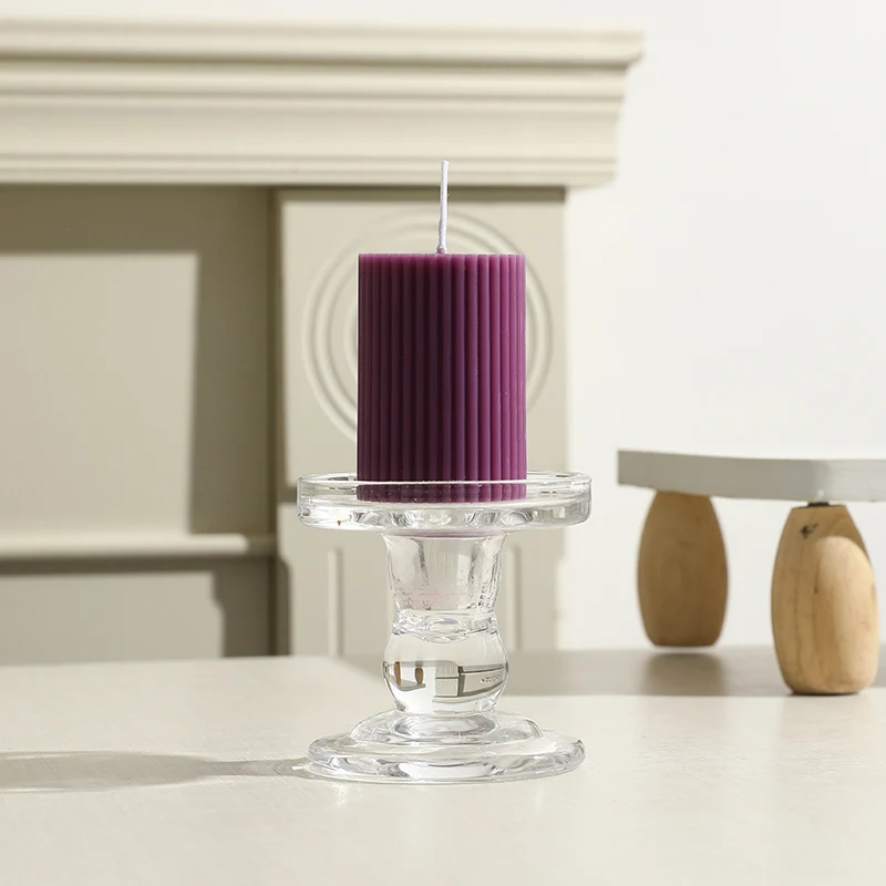 Ribbed Column Pillar Candle with Glass Pedestal Holder