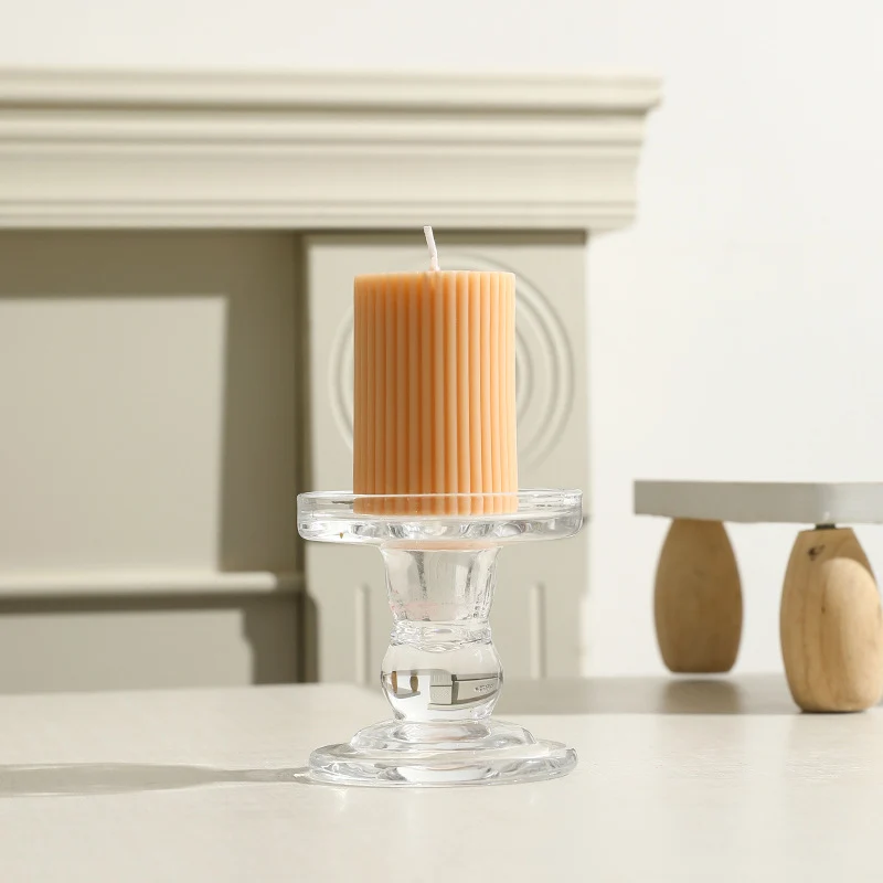 Ribbed Column Pillar Candle with Glass Pedestal Holder