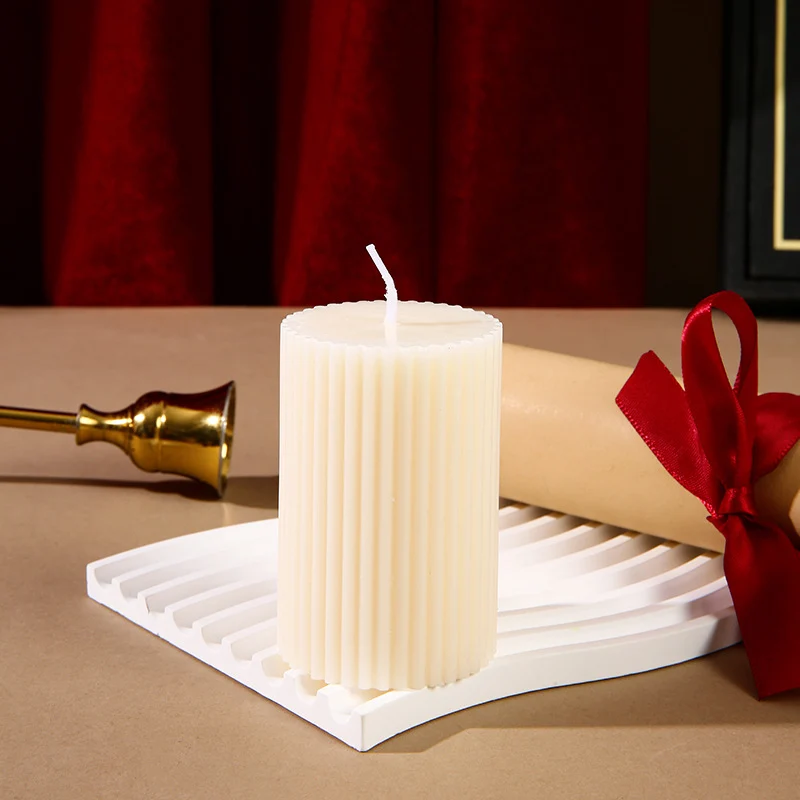 Ribbed Column Pillar Candle with Glass Pedestal Holder