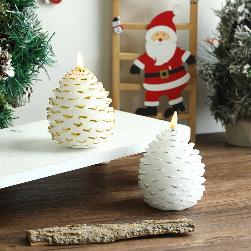 Pinecone-Shaped LED Wax Decorative Candle with Flickering Flame and Snow-Dusted Finish