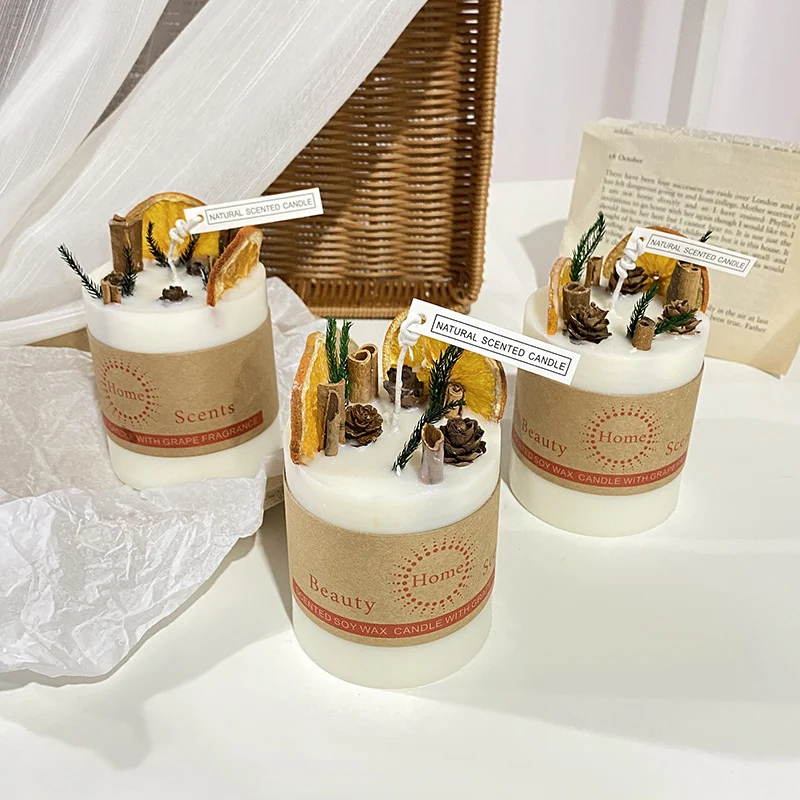 Natural Decorative Soy Pillar Candle with Dried Citrus Pinecone Topper