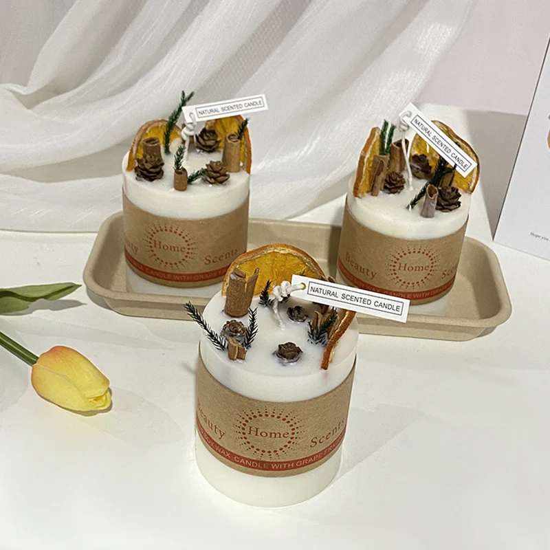 Natural Decorative Soy Pillar Candle with Dried Citrus Pinecone Topper