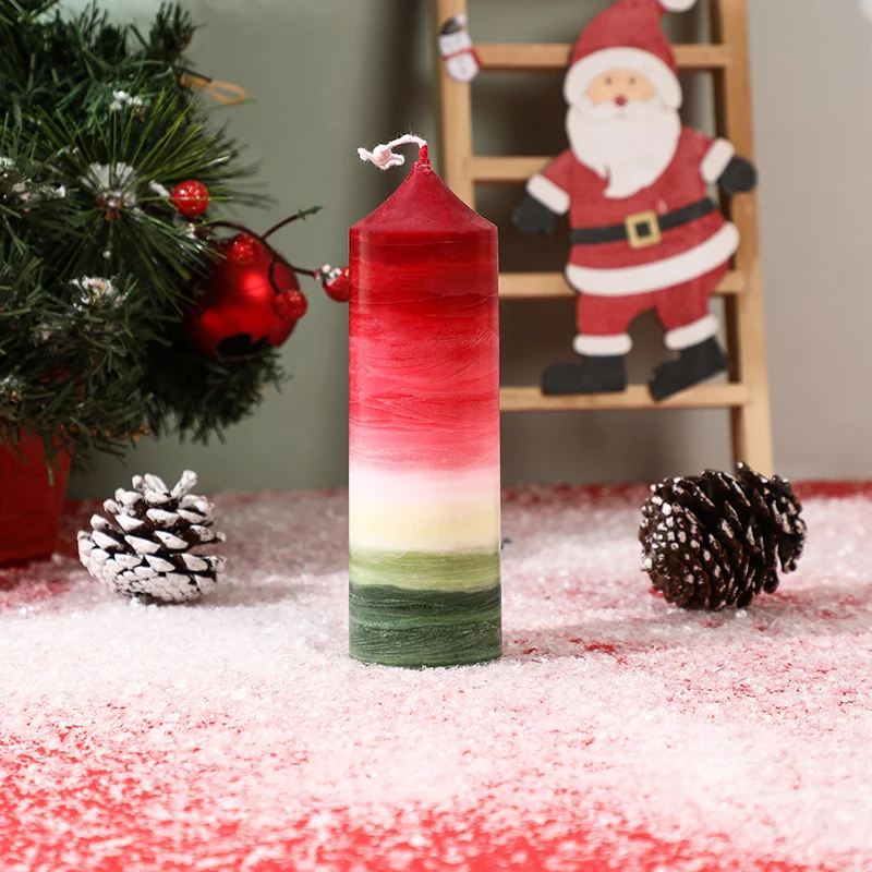 Layered Ombre Holiday Decorative Pillar Candle with Tapered Top and Cotton Wick