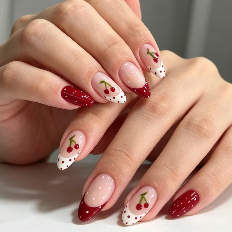 Cherry-Themed Acrylic Nail Art Enhancements Stornfield